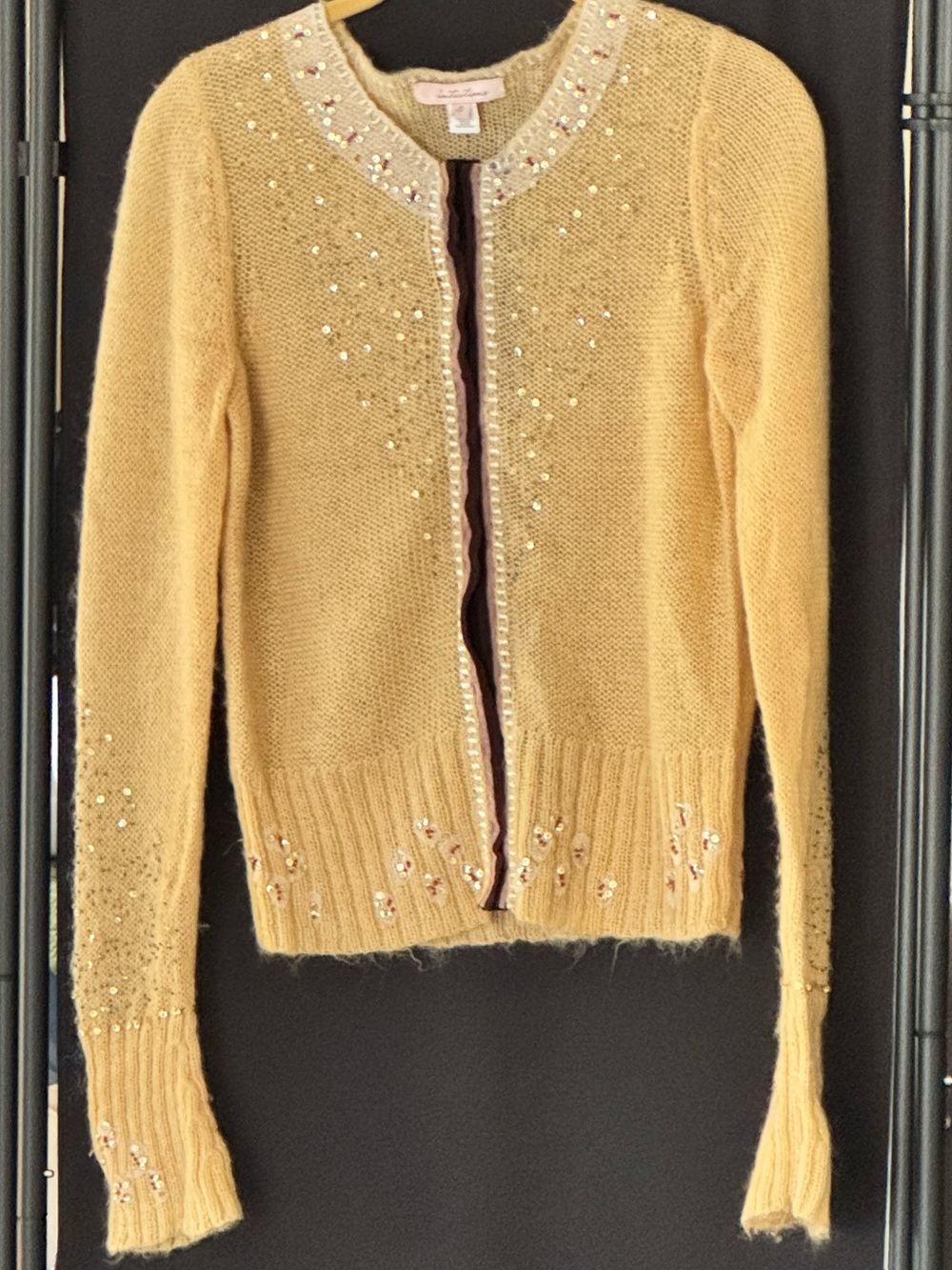 Y2K Intuitions Mohair Blend Beaded Cardigan Yellow Gold Sequin Small Coquette